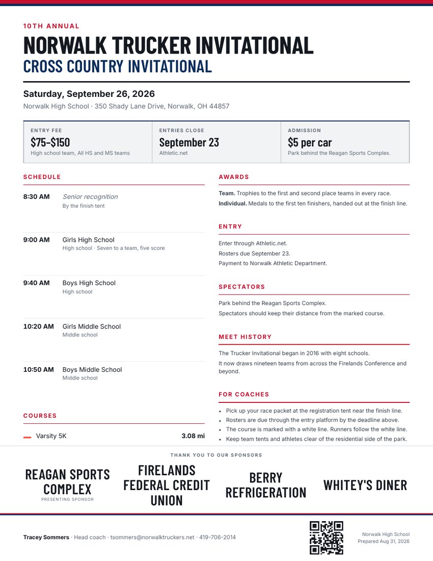 A printed meet flyer with a schedule, entry details and a course map