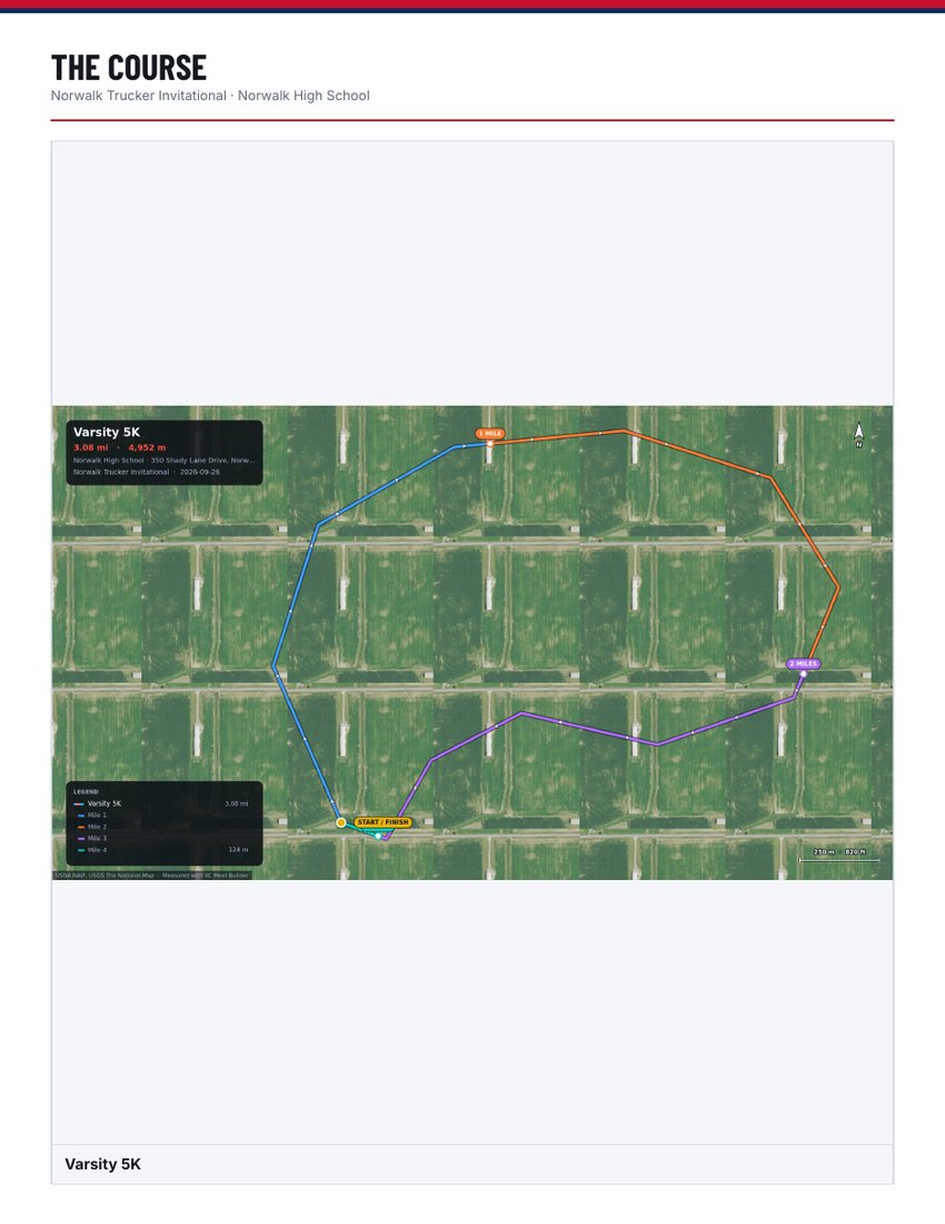 A full page course map showing the route coloured mile by mile